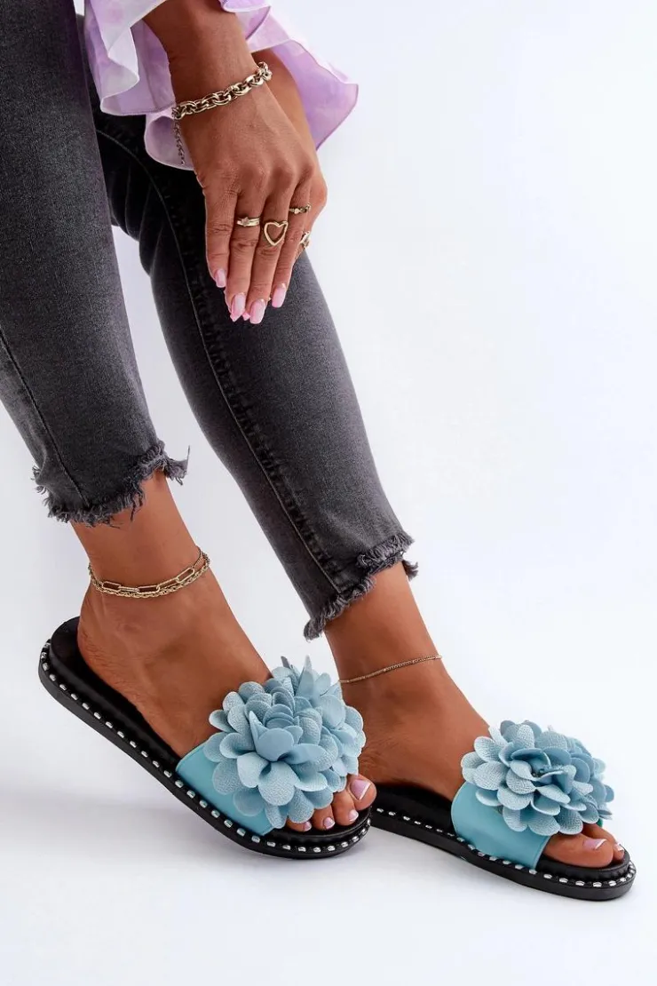 Boto Klapki Damskie Klasyczne*Klapki Damskie Ozdobione Kwiatami e Cellanen Niebieski