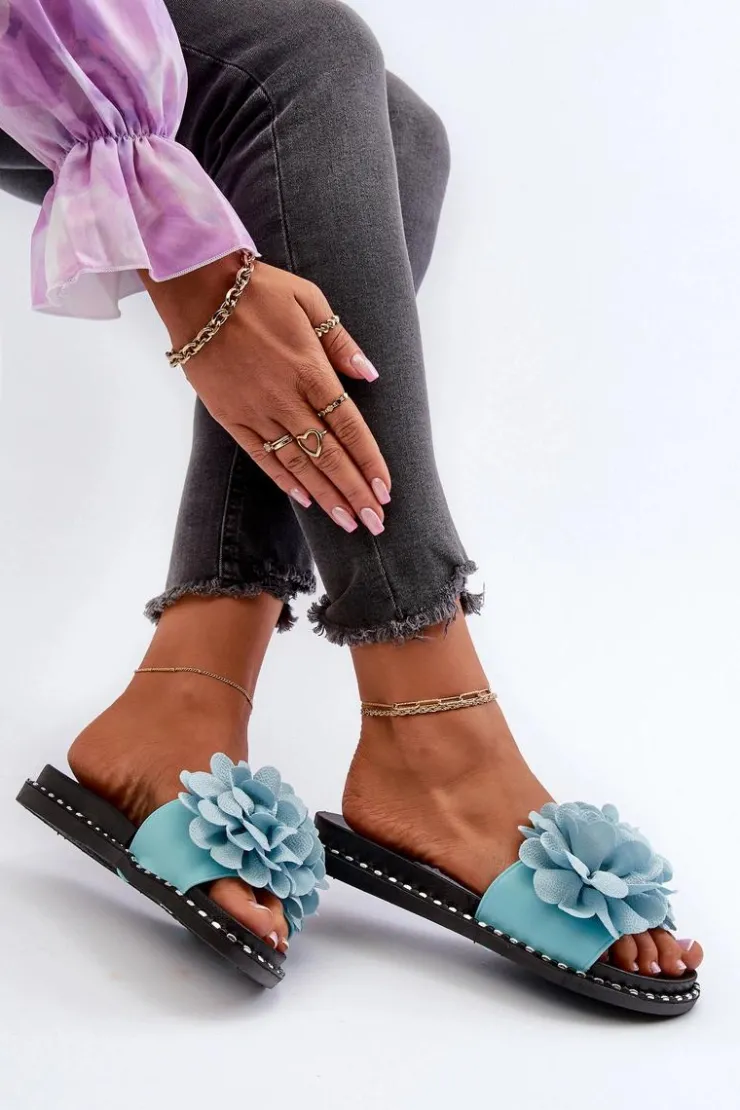 Boto Klapki Damskie Klasyczne*Klapki Damskie Ozdobione Kwiatami e Cellanen Niebieski