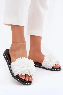 Sale Boto Klapki Damskie Ozdobione Kwiatami Białe Cellanen