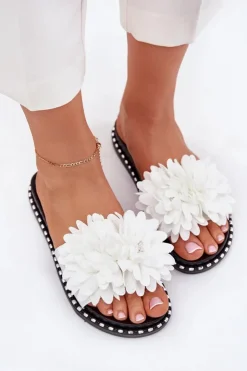 Sale Boto Klapki Damskie Ozdobione Kwiatami Białe Cellanen