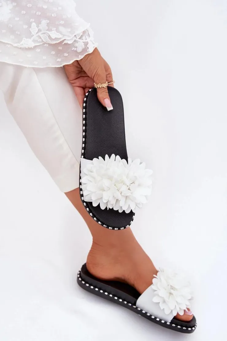 Sale Boto Klapki Damskie Ozdobione Kwiatami Białe Cellanen