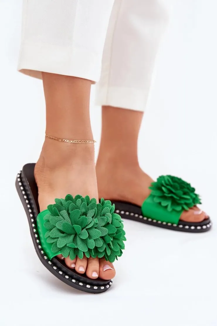 Damskie Boto Klapki Damskie Ozdobione Kwiatami Zielone Cellanen