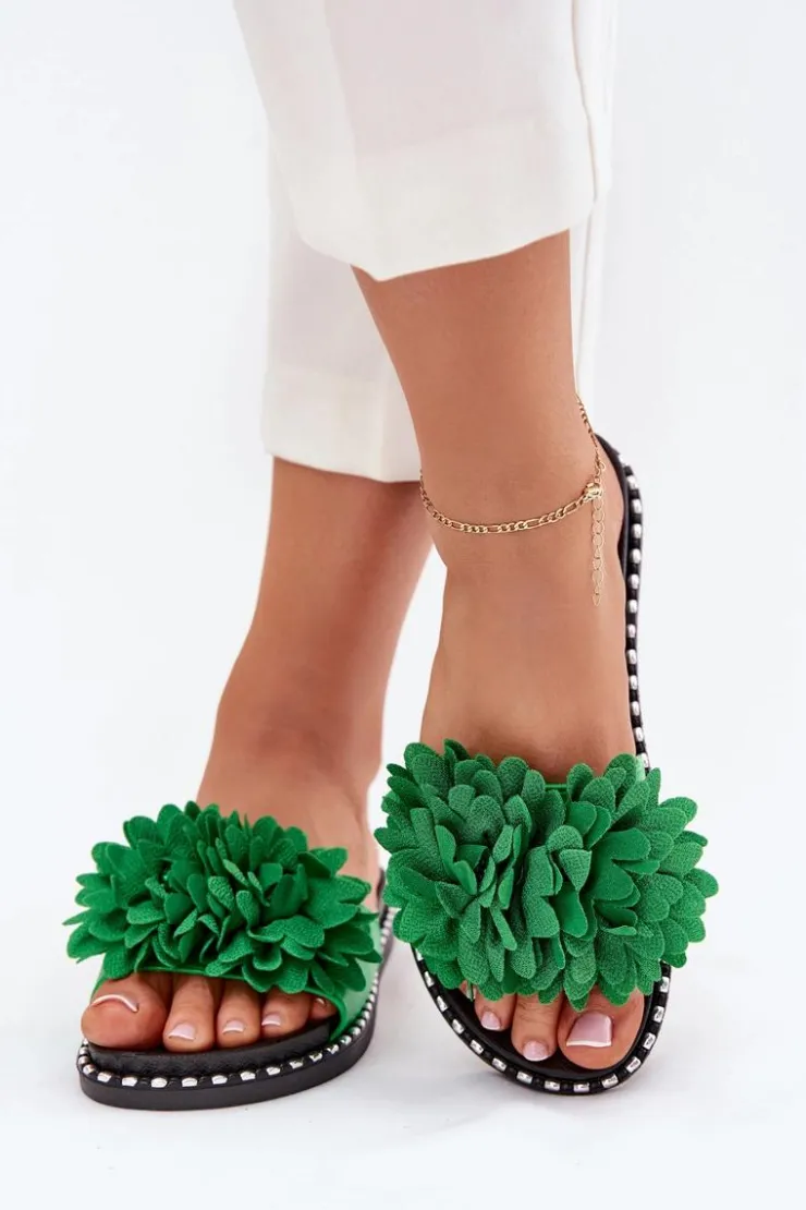 Damskie Boto Klapki Damskie Ozdobione Kwiatami Zielone Cellanen