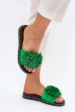 Damskie Boto Klapki Damskie Ozdobione Kwiatami Zielone Cellanen