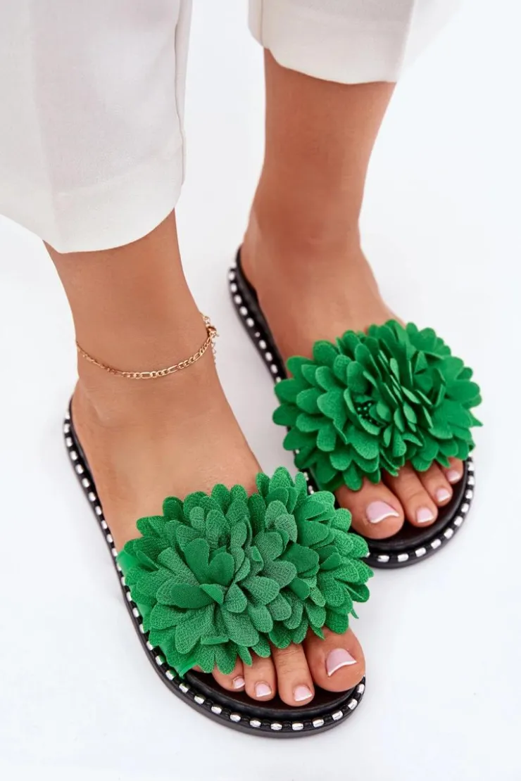 Damskie Boto Klapki Damskie Ozdobione Kwiatami Zielone Cellanen