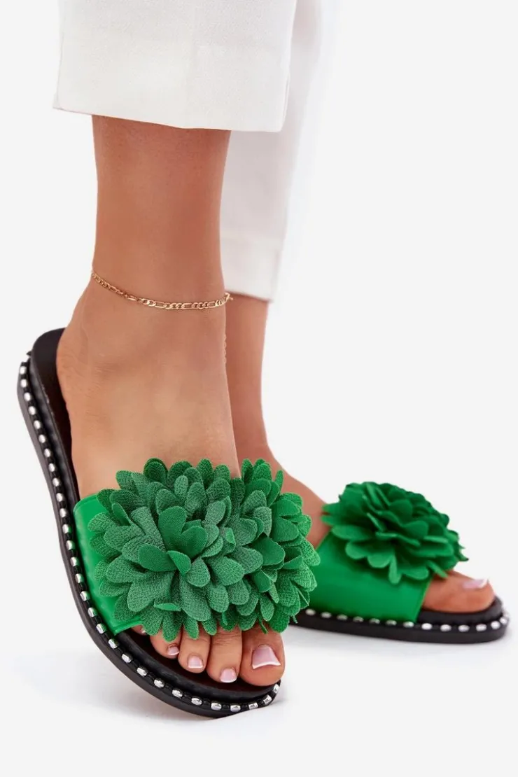 Damskie Boto Klapki Damskie Ozdobione Kwiatami Zielone Cellanen