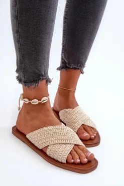 Sale Big Star Shoes Klapki Damskie Płaskie Big Star NN274078 Beżowe Beżowy