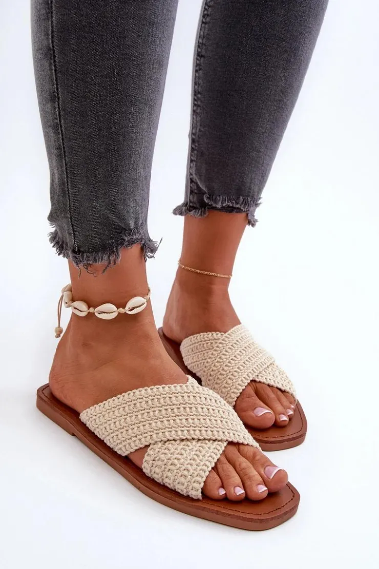 Sale Big Star Shoes Klapki Damskie Płaskie Big Star NN274078 Beżowe Beżowy