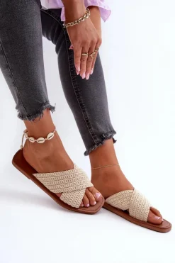 Sale Big Star Shoes Klapki Damskie Płaskie Big Star NN274078 Beżowe Beżowy