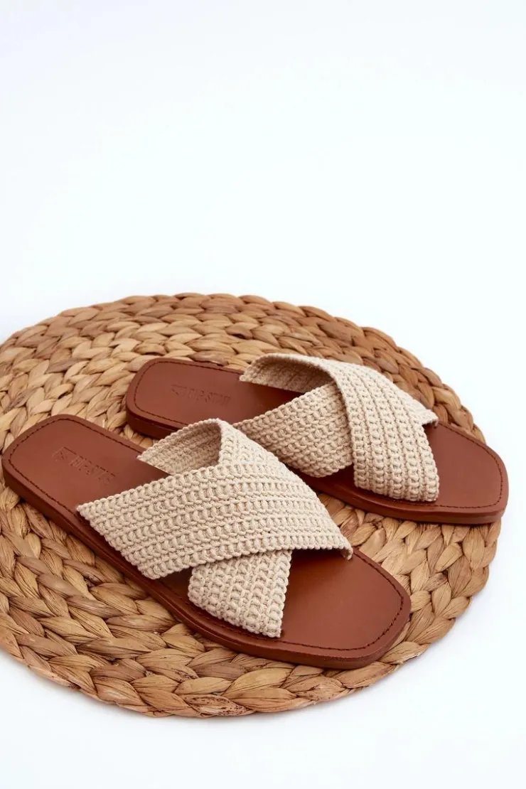 Sale Big Star Shoes Klapki Damskie Płaskie Big Star NN274078 Beżowe Beżowy