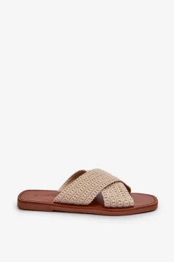 Sale Big Star Shoes Klapki Damskie Płaskie Big Star NN274078 Beżowe Beżowy