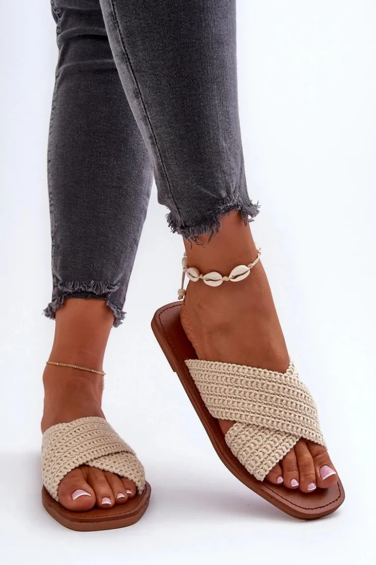 Sale Big Star Shoes Klapki Damskie Płaskie Big Star NN274078 Beżowe Beżowy