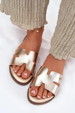 Damskie Evento Klapki Damskie Płaskie Z Eko Skóry Złote Firvania