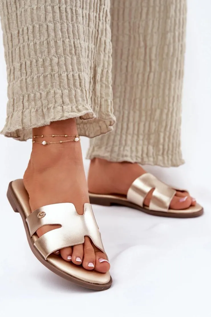 Damskie Evento Klapki Damskie Płaskie Z Eko Skóry Złote Firvania