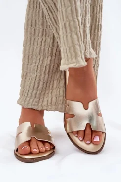 Damskie Evento Klapki Damskie Płaskie Z Eko Skóry Złote Firvania