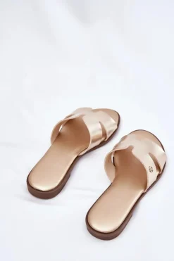 Damskie Evento Klapki Damskie Płaskie Z Eko Skóry Złote Firvania