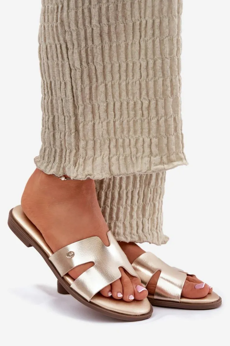 Damskie Evento Klapki Damskie Płaskie Z Eko Skóry Złote Firvania