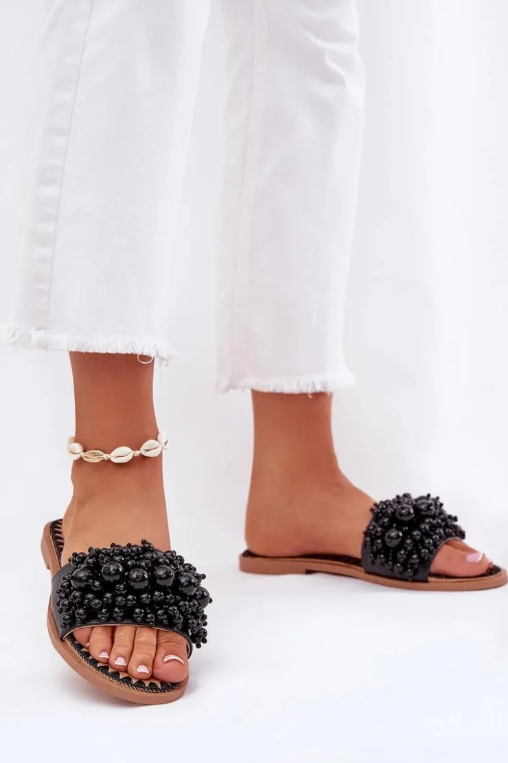 Boto Klapki Damskie Klasyczne*Klapki Damskie Płaskie Z Ozdobnymi Koralikami Czarne Aricca Czarny