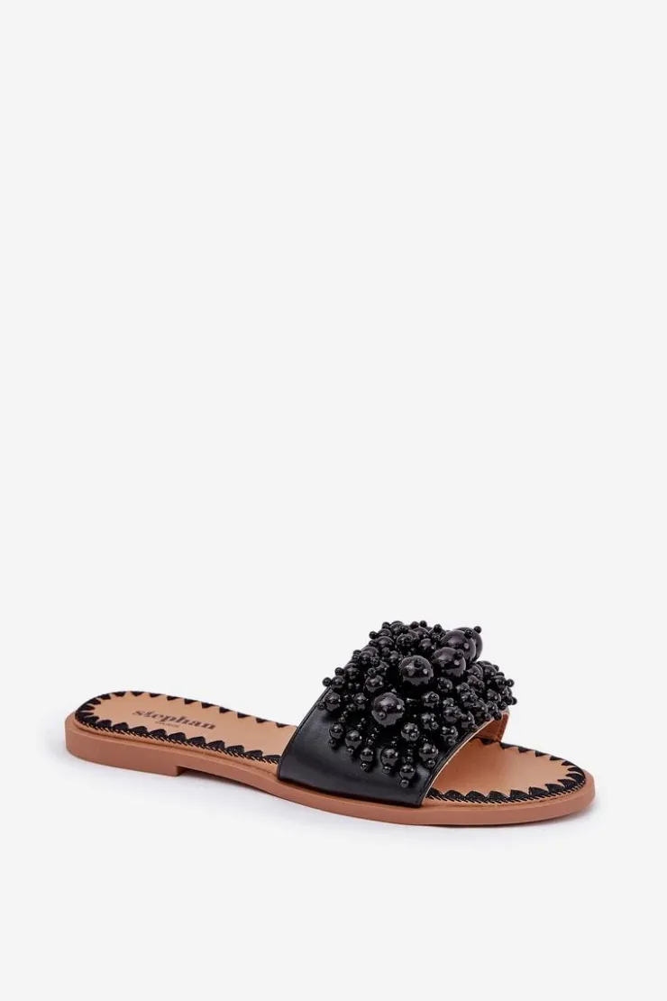 Boto Klapki Damskie Klasyczne*Klapki Damskie Płaskie Z Ozdobnymi Koralikami Czarne Aricca Czarny