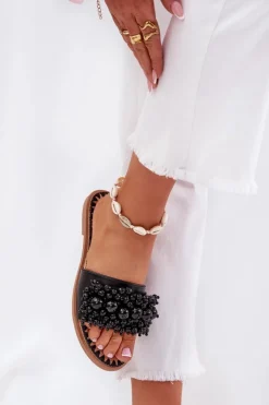 Boto Klapki Damskie Klasyczne*Klapki Damskie Płaskie Z Ozdobnymi Koralikami Czarne Aricca Czarny