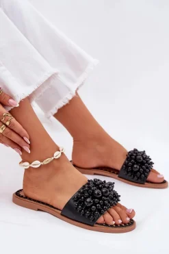Boto Klapki Damskie Klasyczne*Klapki Damskie Płaskie Z Ozdobnymi Koralikami Czarne Aricca Czarny