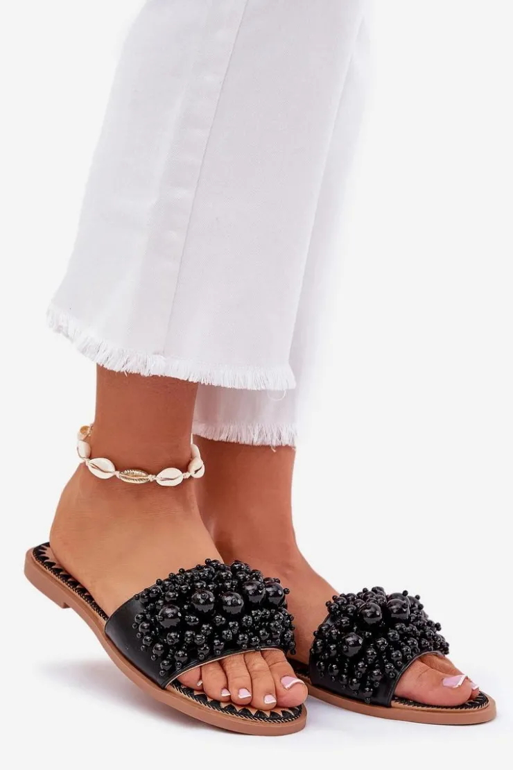 Boto Klapki Damskie Klasyczne*Klapki Damskie Płaskie Z Ozdobnymi Koralikami Czarne Aricca Czarny