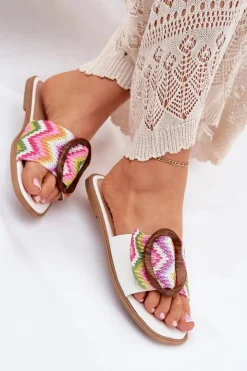 Boto Klapki Damskie Płaskie Z Ozdobną Klamrą Białe Luwam Biały