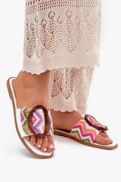 Boto Klapki Damskie Płaskie Z Ozdobną Klamrą Białe Luwam Biały