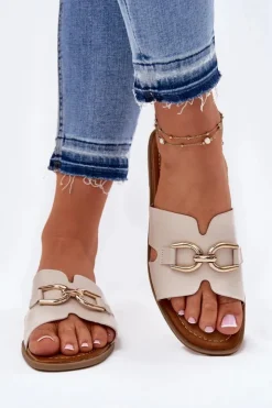 Evento Klapki Damskie Klasyczne*Klapki Damskie Płaskie Z Ozdobnym Detalem Beżowe Amiresna Beżowy