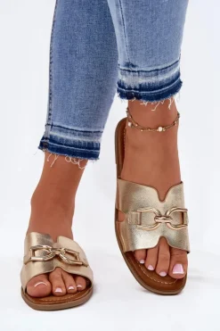 Damskie Evento Klapki Damskie Płaskie Z Ozdobnym Detalem Złote Amiresna