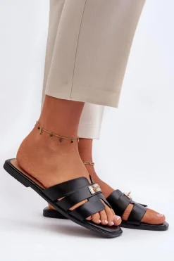 Damskie Boto Klapki Damskie Płaskie Z Ozdobą Czarne Kavinia