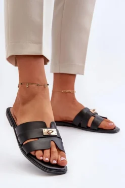 Damskie Boto Klapki Damskie Płaskie Z Ozdobą Czarne Kavinia