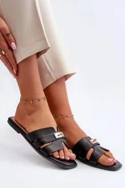 Damskie Boto Klapki Damskie Płaskie Z Ozdobą Czarne Kavinia