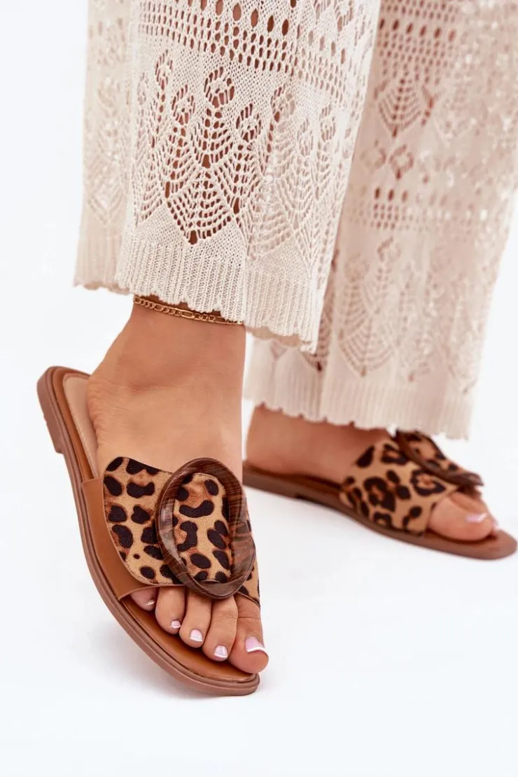 Boto Klapki Damskie Klasyczne*Klapki Damskie Płaskie Z Ozdobną Klamrą Panterka Luwam Brązowy