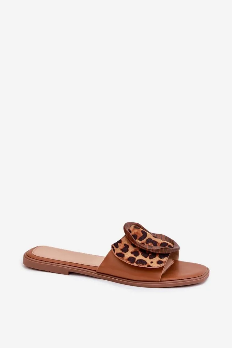 Boto Klapki Damskie Klasyczne*Klapki Damskie Płaskie Z Ozdobną Klamrą Panterka Luwam Brązowy