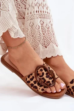 Boto Klapki Damskie Klasyczne*Klapki Damskie Płaskie Z Ozdobną Klamrą Panterka Luwam Brązowy