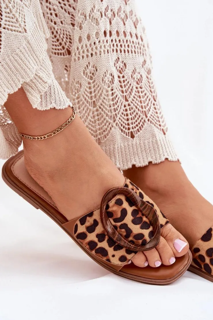 Boto Klapki Damskie Klasyczne*Klapki Damskie Płaskie Z Ozdobną Klamrą Panterka Luwam Brązowy