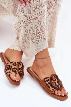 Boto Klapki Damskie Klasyczne*Klapki Damskie Płaskie Z Ozdobną Klamrą Panterka Luwam Brązowy