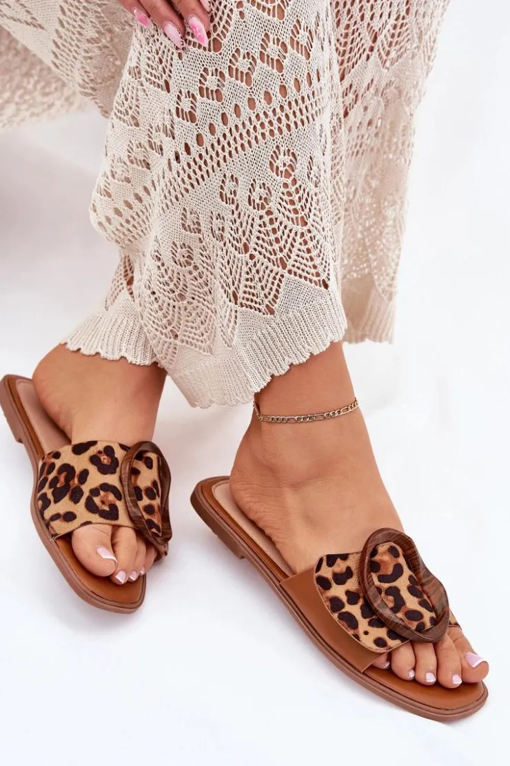 Boto Klapki Damskie Klasyczne*Klapki Damskie Płaskie Z Ozdobną Klamrą Panterka Luwam Brązowy