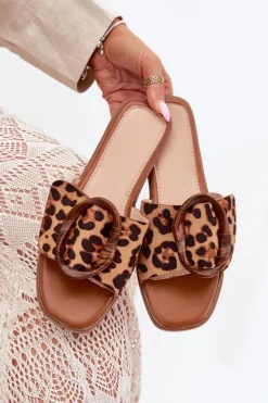 Boto Klapki Damskie Klasyczne*Klapki Damskie Płaskie Z Ozdobną Klamrą Panterka Luwam Brązowy