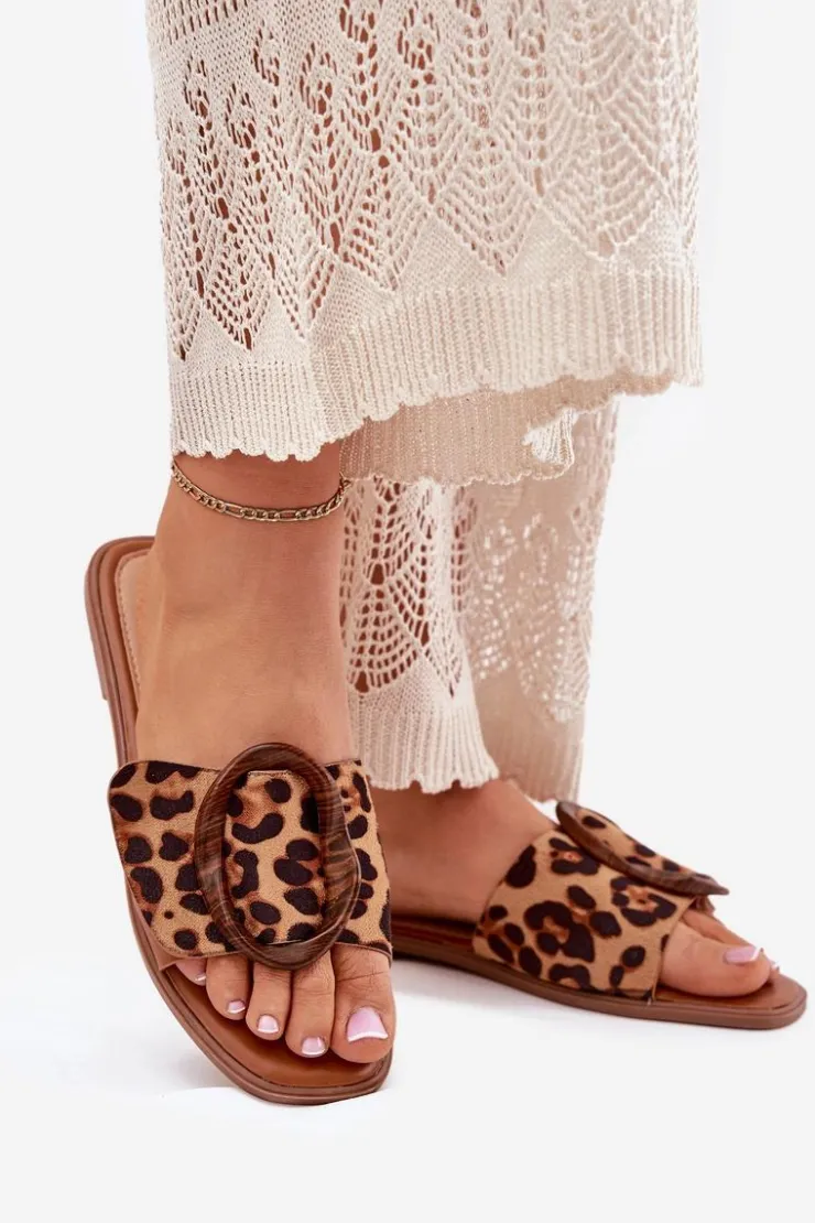 Boto Klapki Damskie Klasyczne*Klapki Damskie Płaskie Z Ozdobną Klamrą Panterka Luwam Brązowy