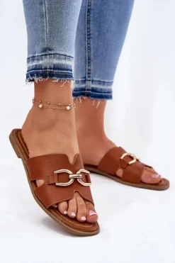 Hot Evento Klapki Damskie Płaskie Z Ozdobnym Detalem Camel Amiresna Brązowy