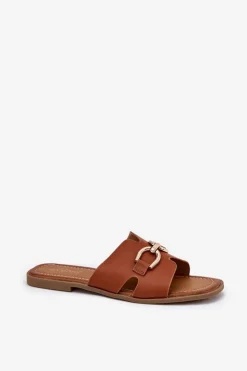 Hot Evento Klapki Damskie Płaskie Z Ozdobnym Detalem Camel Amiresna Brązowy