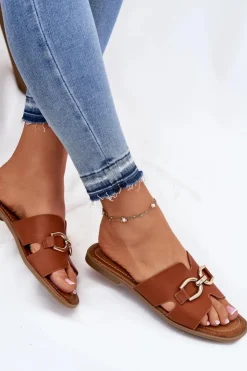 Hot Evento Klapki Damskie Płaskie Z Ozdobnym Detalem Camel Amiresna Brązowy