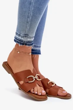 Hot Evento Klapki Damskie Płaskie Z Ozdobnym Detalem Camel Amiresna Brązowy