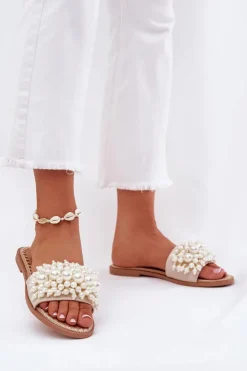 Boto Klapki Damskie Klasyczne*Klapki Damskie Płaskie Z Ozdobnymi Koralikami Beżowe Aricca