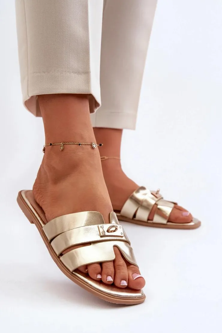 Sale Boto Klapki Damskie Płaskie Z Ozdobą Złote Kavinia