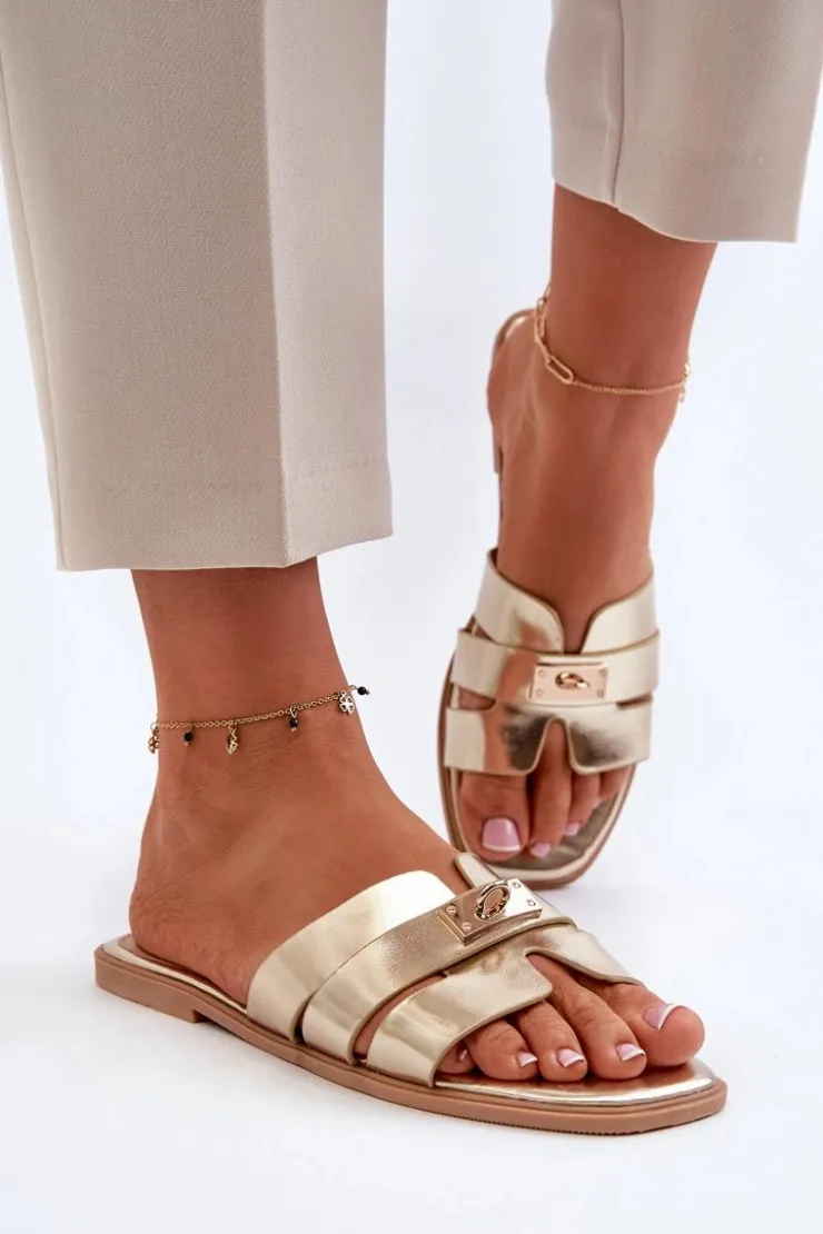 Sale Boto Klapki Damskie Płaskie Z Ozdobą Złote Kavinia