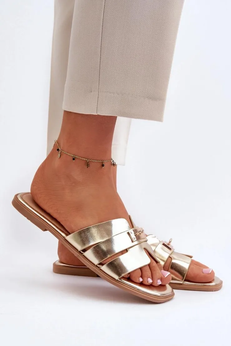 Sale Boto Klapki Damskie Płaskie Z Ozdobą Złote Kavinia