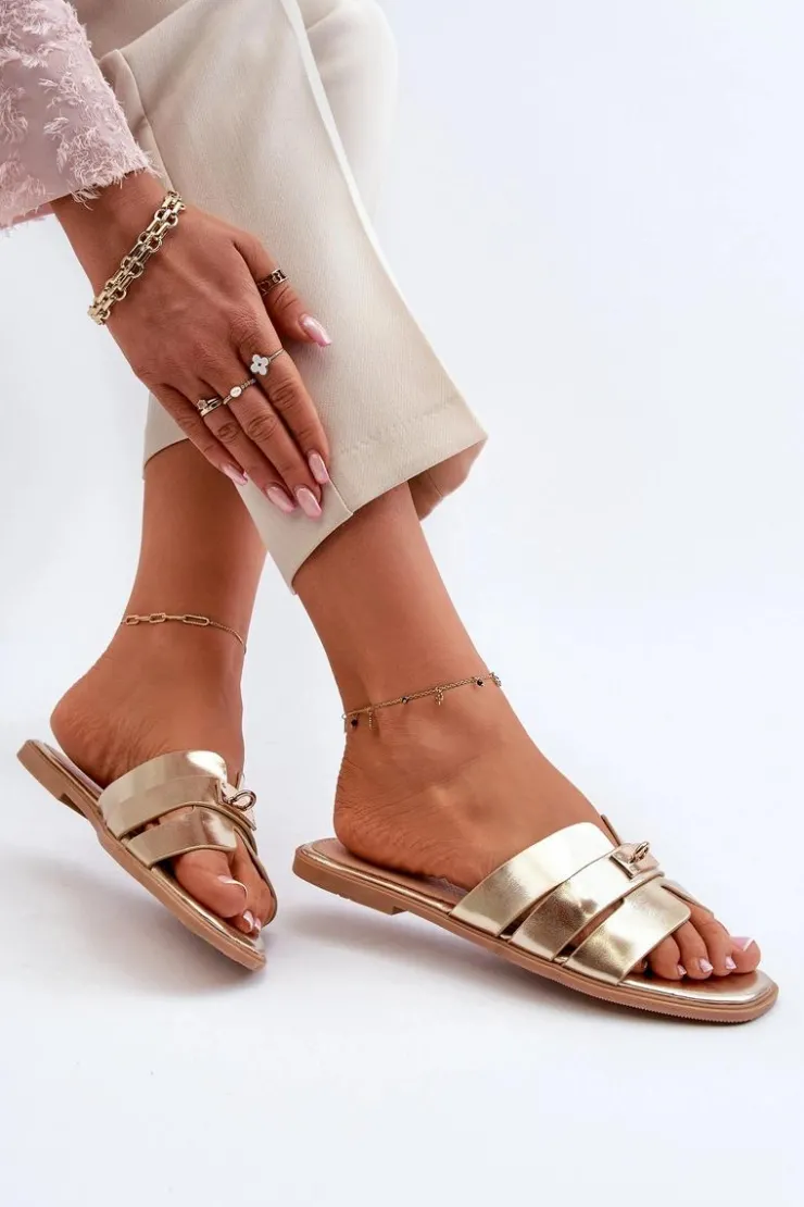 Sale Boto Klapki Damskie Płaskie Z Ozdobą Złote Kavinia